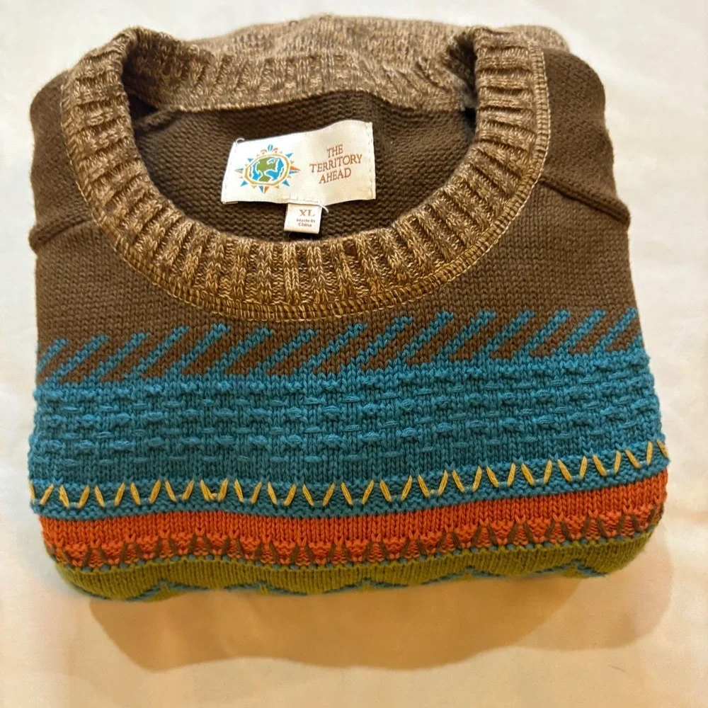 Territory Ahead Men's Sweater XL Brown Blue Green Colorful Knit‎ Crewneck
